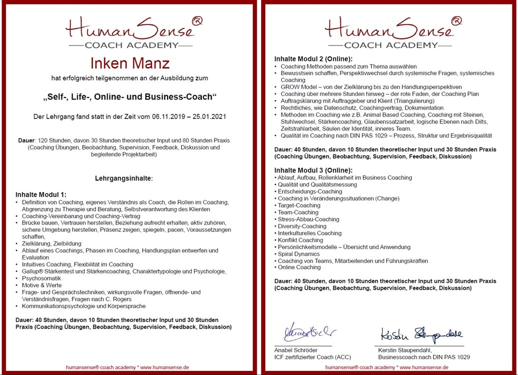 Zertifikat Human Sense Inken Manz